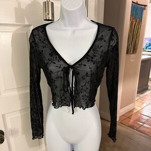 SHEIN Size Small Black Sheer Long Sleeve Lace Tie Front Crop Blouse